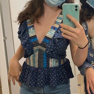 Let Me Be Anthropologie blue patchwork top